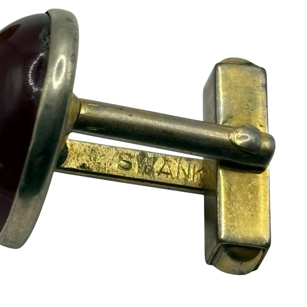 Swank Round Cufflinks Red Dark Red Gold Tone Lucite Acrylic Men's Retro Signed‎